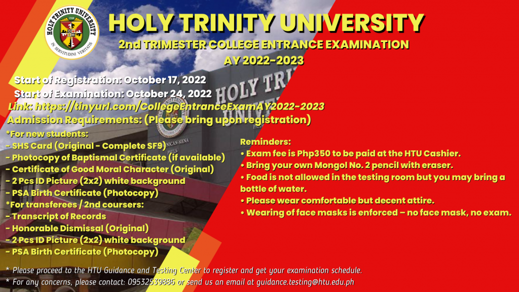 HOLY TRINITY UNIVERSITY 2nd TRIMESTER COLLEGE ENTRANCE EXAMINATION AY